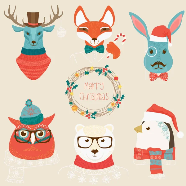 Christmas cute forest animals heads logo set. Vector modern fashionable animals in clothes.