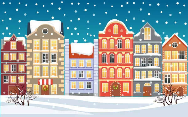 Jul stad illustration. Xmas snöiga gamla stan. Cartoon byggnader. Jul bakgrund. City street på vintern. Nyår hälsningar kort. — Stock vektor