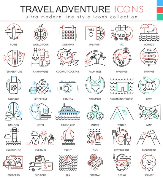 Vector Travel aventuras ultra moderno bosquejo iconos de línea para aplicaciones y diseño web. Simbolos de viaje para la aplicación y la web . — Archivo Imágenes Vectoriales