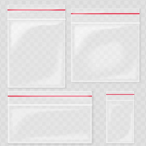 빈 투명 한 플라스틱 주머니 가방입니다. 빈 진공 지퍼 백입니다. 폴 리 에틸렌 컨테이너 지 배경 설정. — 스톡 벡터