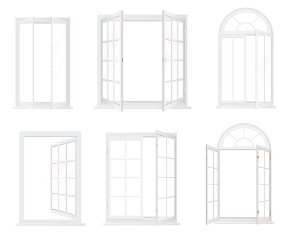 Different types of windows. Realistic decorative windows icons set.