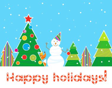 Tebrik Noel kartı, orman renk desen Noel ağaçları ile kardan adam. İyi Bayramlar.