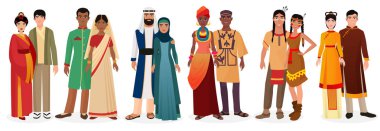 Ulusal geleneksel elbise giyim insanlar. Uluslararası çiftler. Yerli Amerika, Japonya, Çin, Müslüman Arap, Hindistan, Afrika insanlar birlikte küme.