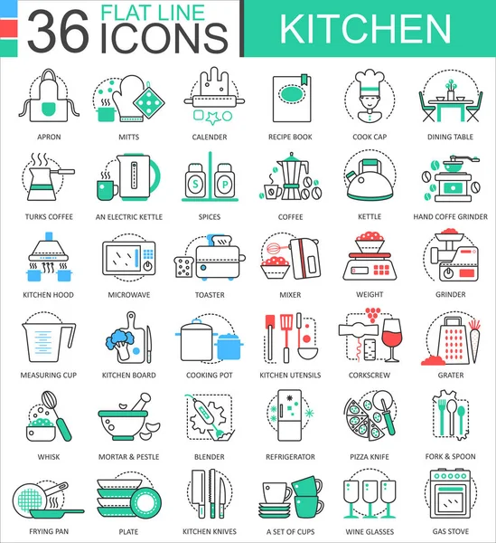 Vector de color de la cocina línea plana esbozar iconos para aplicaciones y diseño web. Iconos de educación en Internet . — Vector de stock