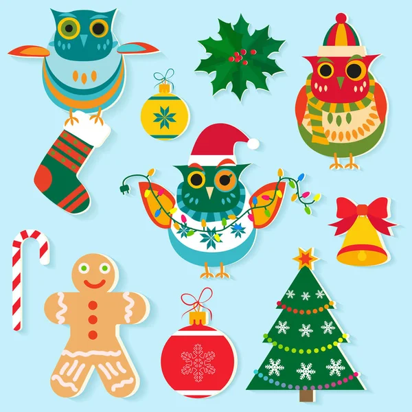 Iconos de Navidad, diseño de color plano. Elementos de año nuevo, objetos, decoración navideña. Juguetes Navidad . — Archivo Imágenes Vectoriales