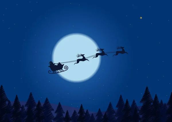 Papai Noel voando pelo céu noturno sob a floresta de Natal. Santa trenó dirigindo sobre a linha de desenho madeiras perto de lua grande na noite . — Vetor de Stock