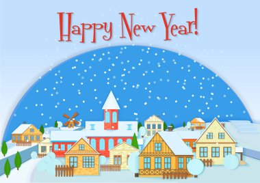Neşeli Noel vektör kartı, şirin küçük kasaba kışın. Mutlu yeni yıl kar köy. Noel kentsel ve kırsal şehir manzarası.