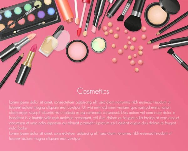 Cosméticos de belleza Maquillaje con herramientas cosméticas. Cosméticos coloridos fondo, cepillos y otros elementos esenciales . — Vector de stock