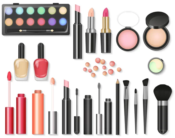 Beauty Kosmetik Make-up mit kosmetischen Werkzeugen. bunte Kosmetik Hintergrund, Pinsel und andere wichtige Dinge. — Stockvektor