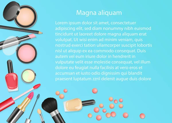 Cosméticos de belleza Maquillaje con herramientas cosméticas. Cosméticos coloridos fondo, cepillos y otros elementos esenciales . — Vector de stock