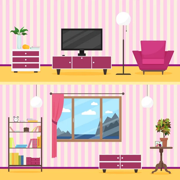 Bunte flache Stil moderne Wohnzimmer Interieur Illustration. — Stockvektor