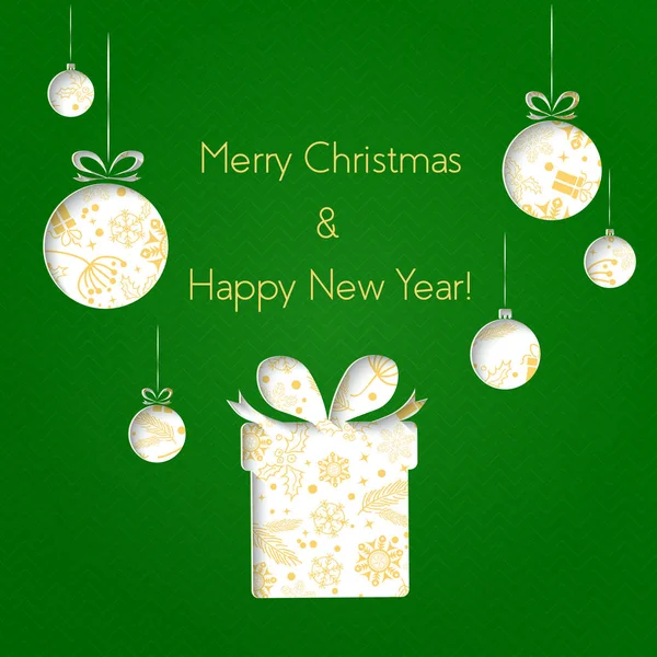 Astratto verde palle di Natale e regali tagliati da carta su sfondo verde. Buon Natale e felice anno nuovo. Cartolina di Natale . — Vettoriale Stock