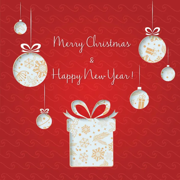 Astratto verde palle di Natale e regali tagliati da carta su sfondo rosso. Buon Natale e felice anno nuovo. Cartolina di Natale . — Vettoriale Stock