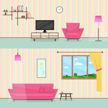 Renkli düz stil salon iç illüstrasyon kanepe, Tv, windows ve lamba.