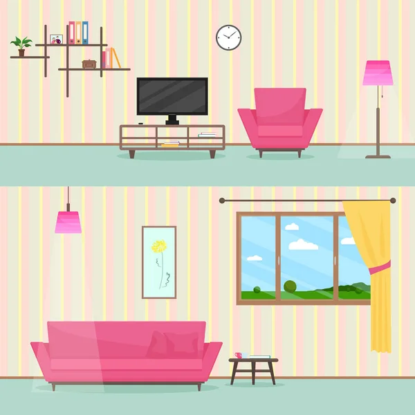 Ilustração interior colorida da sala de estar do estilo liso com sofá, tevê, janelas e lâmpada . — Vetor de Stock