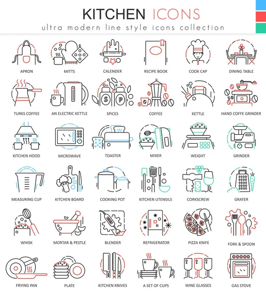 Vector de color de la cocina línea plana esbozar iconos para aplicaciones y diseño web. iconos de herramientas de cocina . — Archivo Imágenes Vectoriales