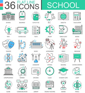 Uygulamalar ve web tasarım için vektör okul renk düz çizgi anahat simgeleri. Simgeler okul eğitim araçları.