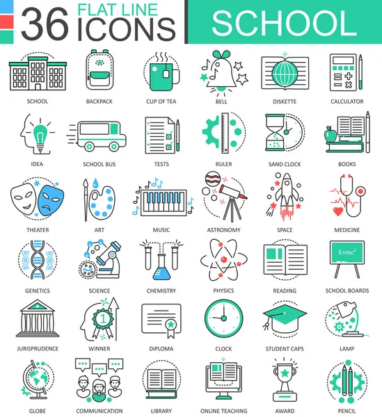 Iconos de esquema de línea plana de color de Vector School para aplicaciones y diseño web. Herramientas de educación escolar iconos . — Vector de stock