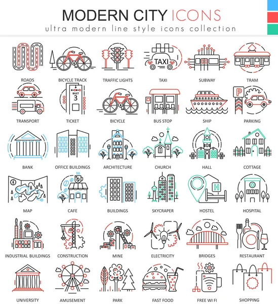 Vector Iconos de contorno de línea plana de color de la ciudad moderna para aplicaciones y diseño web. Elementos urbanos inteligentes iconos de la ciudad . — Vector de stock