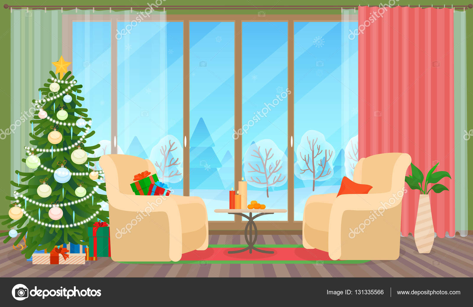 Sala de estar de Navidad plana vector interior ilustración. Árbol de Año  Nuevo de Navidad. Invierno afuera . Vector de stock #131335566 de  ©Lembergvector, image size:1600x1038