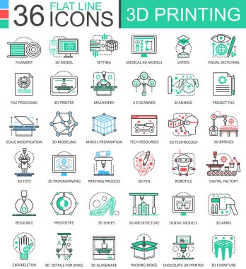 3D baskı teknolojisi düz çizgi anahat simgeleri apps için vektör ve web tasarım. 3D yazdırma simgesi.
