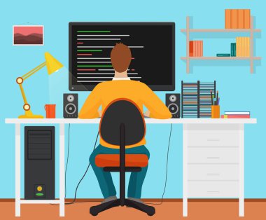 Adam programcı geri Pc bilgisayarını üzerinde çalışıyor. Kodlama ve programlama. Ofis iç programcı.