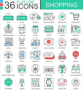 Alışveriş e-ticaret renk düz çizgi anahat simgeleri için apps ve web tasarım vektör. Alışveriş Merkezi Ticaret simgeler öğeleri.