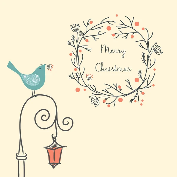 Corona de Navidad con pájaro en la vieja luz de la calle. Vintage Año Nuevo y elemento de Navidad. Tarjeta de felicitación de Navidad . — Vector de stock