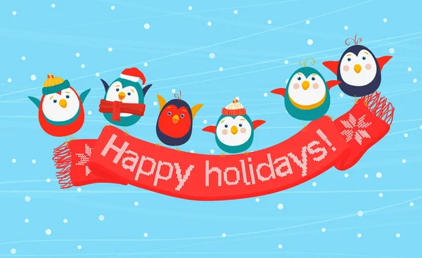 Boże Narodzenie ptaki trzymając chustę z napisem Happy Holidays. Wesołych Świąt i szczęśliwego nowego roku z życzeniami. — Wektor stockowy