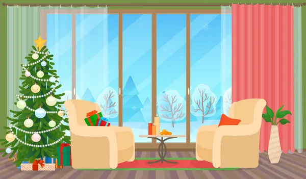 Χριστούγεννα σαλόνι επίπεδη εσωτερική διανυσματικά εικονογράφηση. Δέντρο Χριστουγέννων Πρωτοχρονιάς. Χειμώνα εκτός. — Διανυσματικό Αρχείο