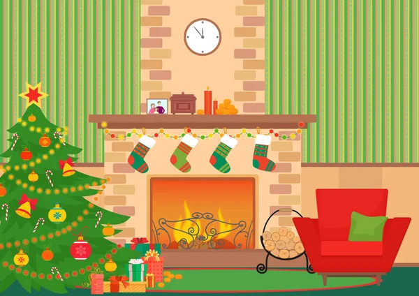 Weihnachten Wohnzimmer flache Innenraum Vektor Illustration. Weihnachtsbaum und Kamin mit Socken. Weihnachtswandmuster. — Stockvektor