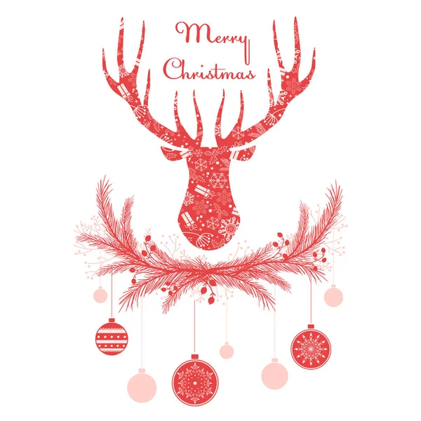 Tête de cerf en couronne avec des boules de décorations de Noël. Joyeux Noël carte de vœux illustration vectorielle . — Image vectorielle