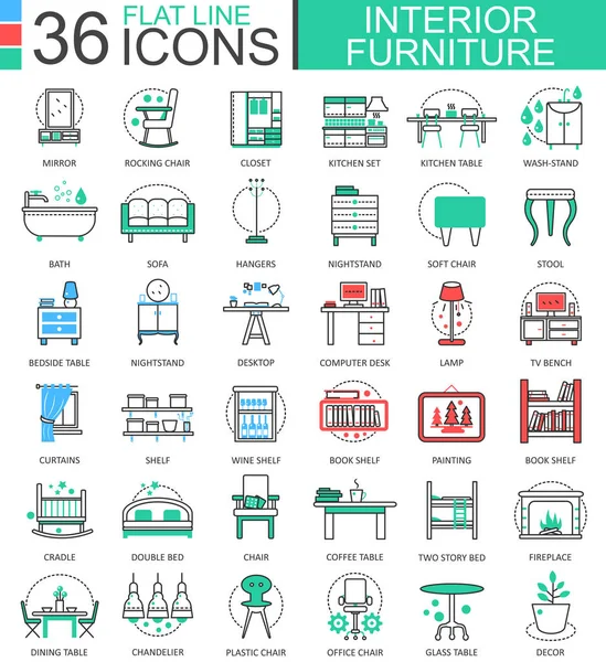 Interior vectorial Muebles de línea plana esbozan iconos para aplicaciones y diseño web. Iconos de colección de muebles . — Archivo Imágenes Vectoriales