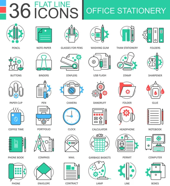 Vector Oficina papelería color línea plana delinear iconos para aplicaciones y diseño web. Elementos de iconos de papelería . — Vector de stock