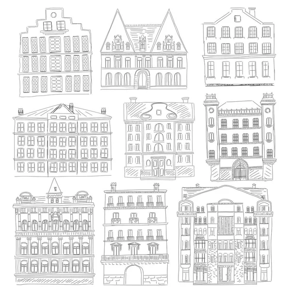 Historische Altbauten säumen den Stil. Umriss alten Stadtgebäudes isoliert gesetzt. Architekturskizze. — Stockvektor