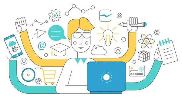 İnsanlar kendi istihdam ve farklı çoklu görev kavramı. Hızlı yetenekli freelancer adamın yanında laptop. Proje yönetim iş çoklu görev düz çizgi kavramı.