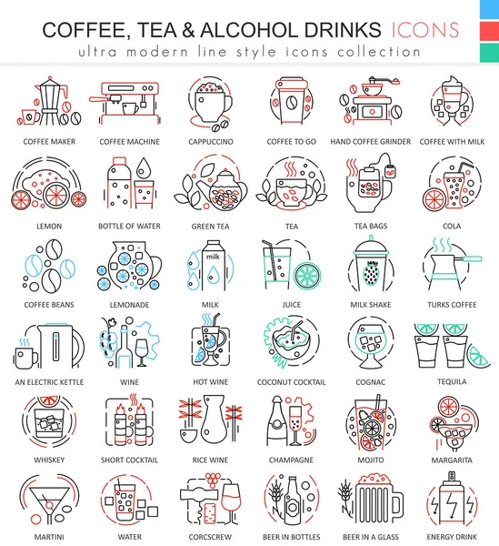 Té de café vectorial bebidas alcohólicas línea de color esbozar iconos para aplicaciones y diseño web. Elementos bebidas iconos . — Vector de stock