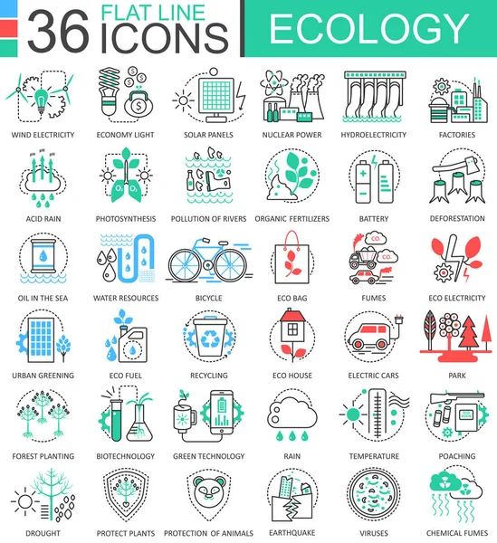 Vector Ecology líneas planas esbozan iconos para aplicaciones y diseño web. Icono de tecnología ecológica . — Vector de stock