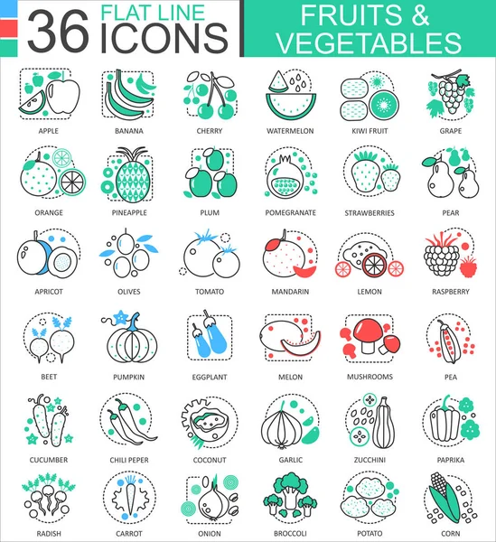 Vektor Obst und Gemüse flache Umrisse Symbole für Apps und Web-Design. Obst und Gemüse Ikone. — Stockvektor