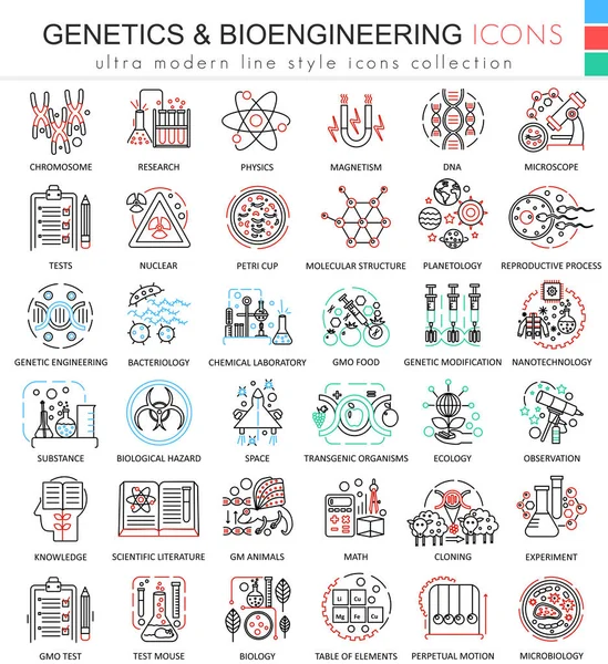 Vector Genetics and biochemistry color flat line outline icons for apps and web design. Genética química alta tecnología elementos iconos . — Archivo Imágenes Vectoriales