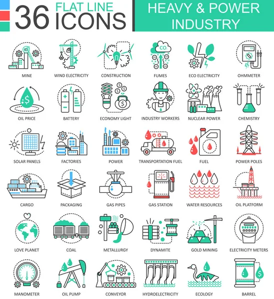 Vector Iconos de líneas planas de la industria pesada y eléctrica para aplicaciones y diseño web. Iconos de alta tecnología de la industria de energía pesada . — Archivo Imágenes Vectoriales