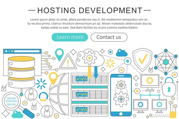 Koncepce rozvoje vektorové moderní linie plochý design Hosting. Hostující rozvoj ikony záhlaví webové stránky, aplikace design plakátu nápis. — Stockový vektor