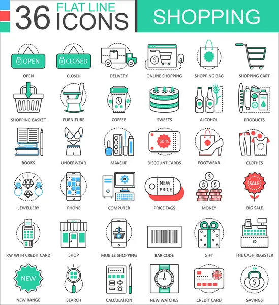 Vector Shopping e-commerce color flat line outline icons for apps and web design. Centro comercial comercio iconos elementos . — Vector de stock