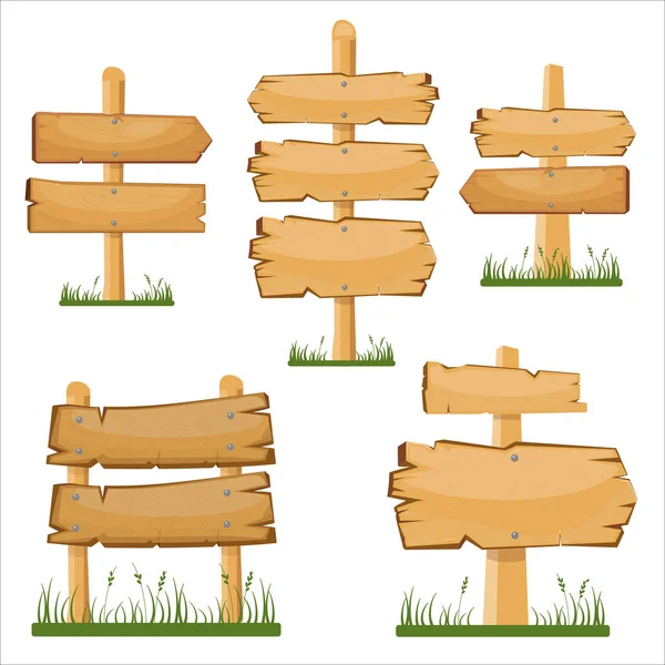 Letreros de madera listos. Caricatura vectorial letrero de madera en la hierba . — Archivo Imágenes Vectoriales