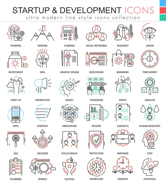 Inicialização do vetor e desenvolvimento de cores linha delinear ícones para aplicativos e web design. Ícones de negócios de inicialização . — Vetor de Stock