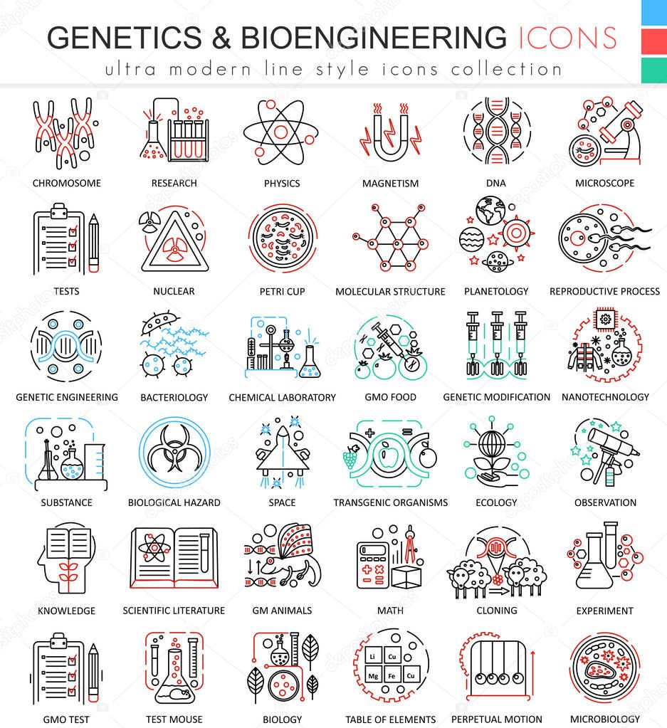 Vector Genetics and biochemistry color flat line outline icons for apps and web design. Genetics chemical high technology elements icons