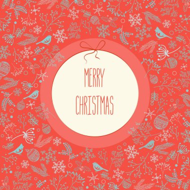 Neşeli Noel Yılbaşı dekorasyon öğeleri etiket kartpostal daire içine alın. Vektör kırmızı arka plan. İyi Bayramlar.