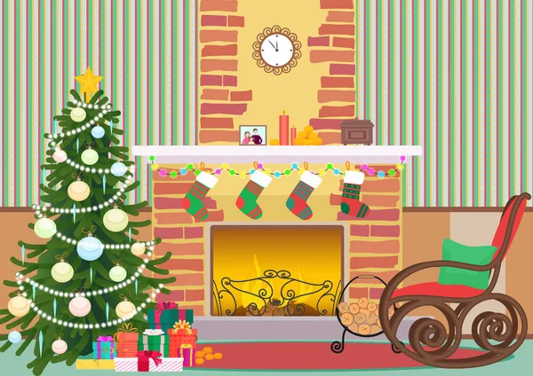 Sala de estar de Navidad plana vector interior ilustración. Árbol de Año Nuevo y chimenea con calcetines. Patrón de pared de Navidad . — Vector de stock