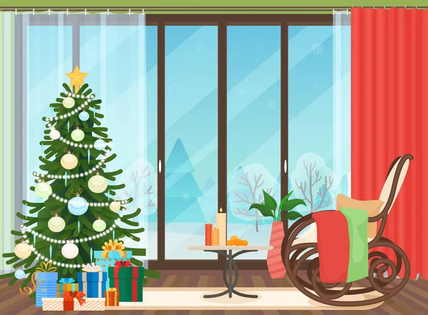 Weihnachten Wohnzimmer flache Innenausstattung mit Schaukelstuhl Vektor Illustration. Weihnachtsbaum. Winterlandschaft draußen. — Stockvektor