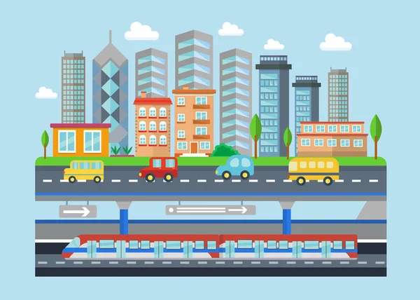 Vektorillustration Urban modern stad liggande platt koncept. Smart city subway, bilar, byggnader och skyskrapor. Stadsbilden landskap. — Stock vektor